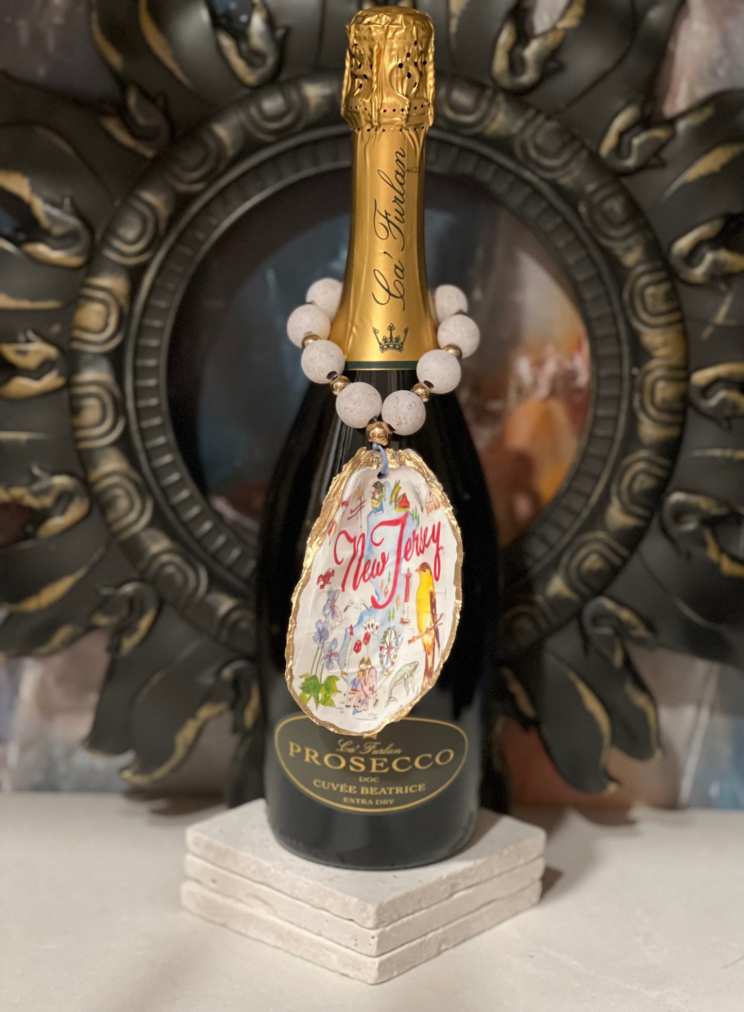 Wine Bottle Charm / Oyster Shell Ornament