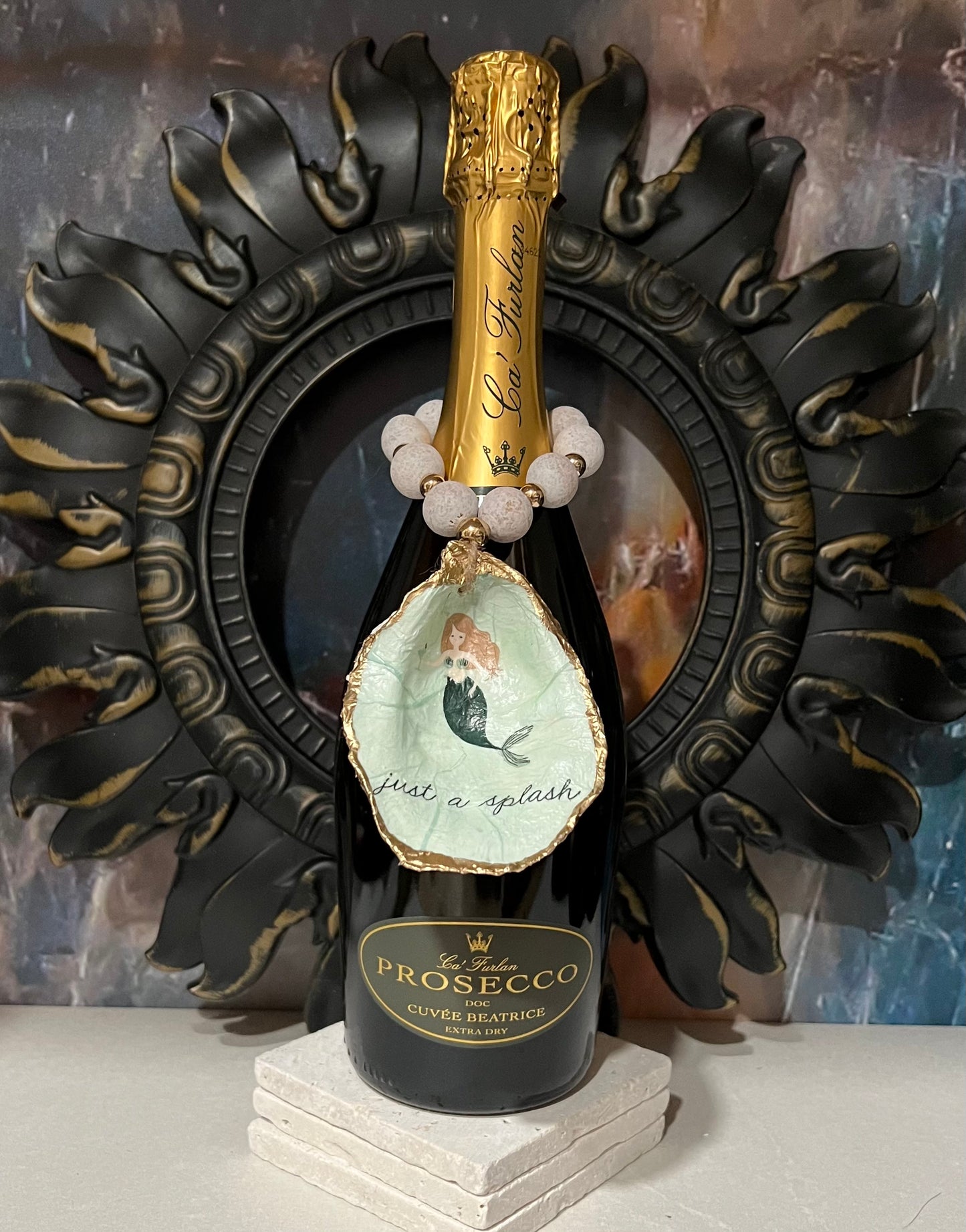 Wine Bottle Charm / Oyster Shell Ornament