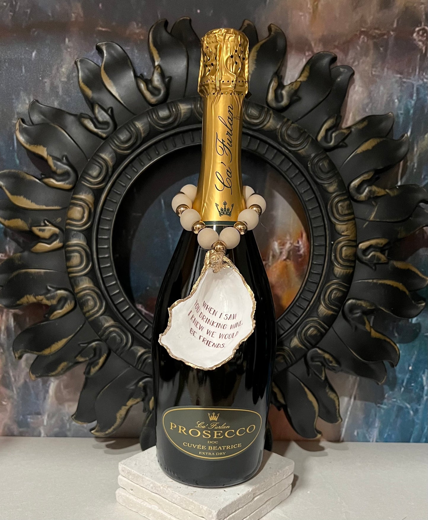 Wine Bottle Charm / Oyster Shell Ornament
