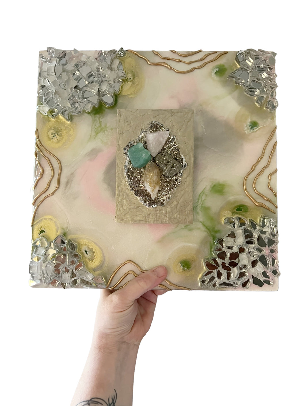 LUCKY IN LOVE / Pyrite, Rose Quartz, Aventurine, Citrine / Geode Inspired Wall Art / One of a Kind / Resin Art