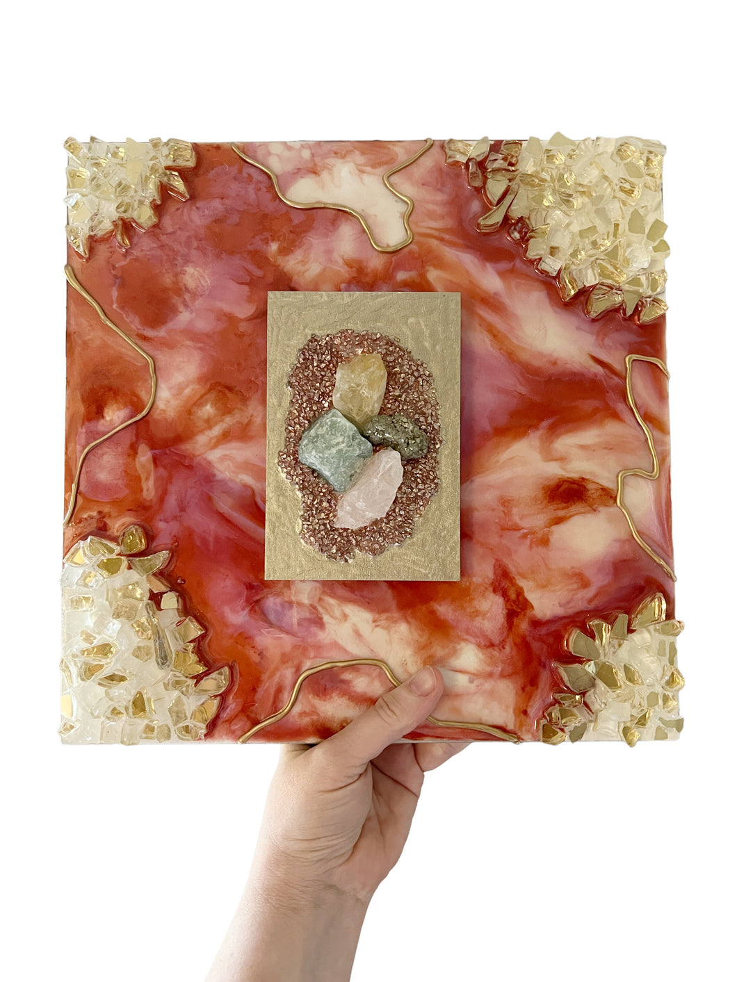 LOVE & ABUNDANCE / Pyrite, Rose Quartz, Aventurine, Citrine / Geode Inspired Wall Art / One of a Kind / Resin Art