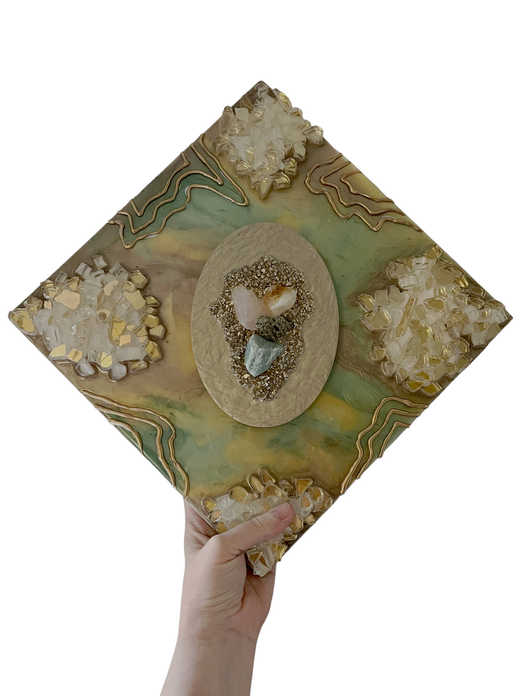 LOVE & HAPPINESS / Pyrite, Rose Quartz, Aventurine, Citrine / Geode Inspired Wall Art / One of a Kind / Resin Art