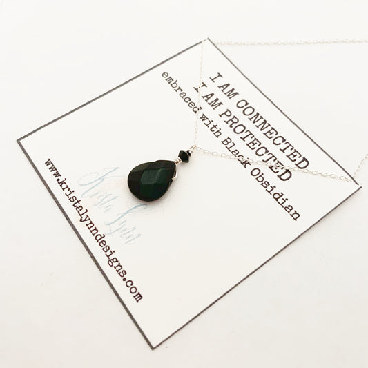 I AM Connected I AM Protected / Black Obsidian / Simple Reminder Necklaces / Sterling Silver / Intention Necklaces