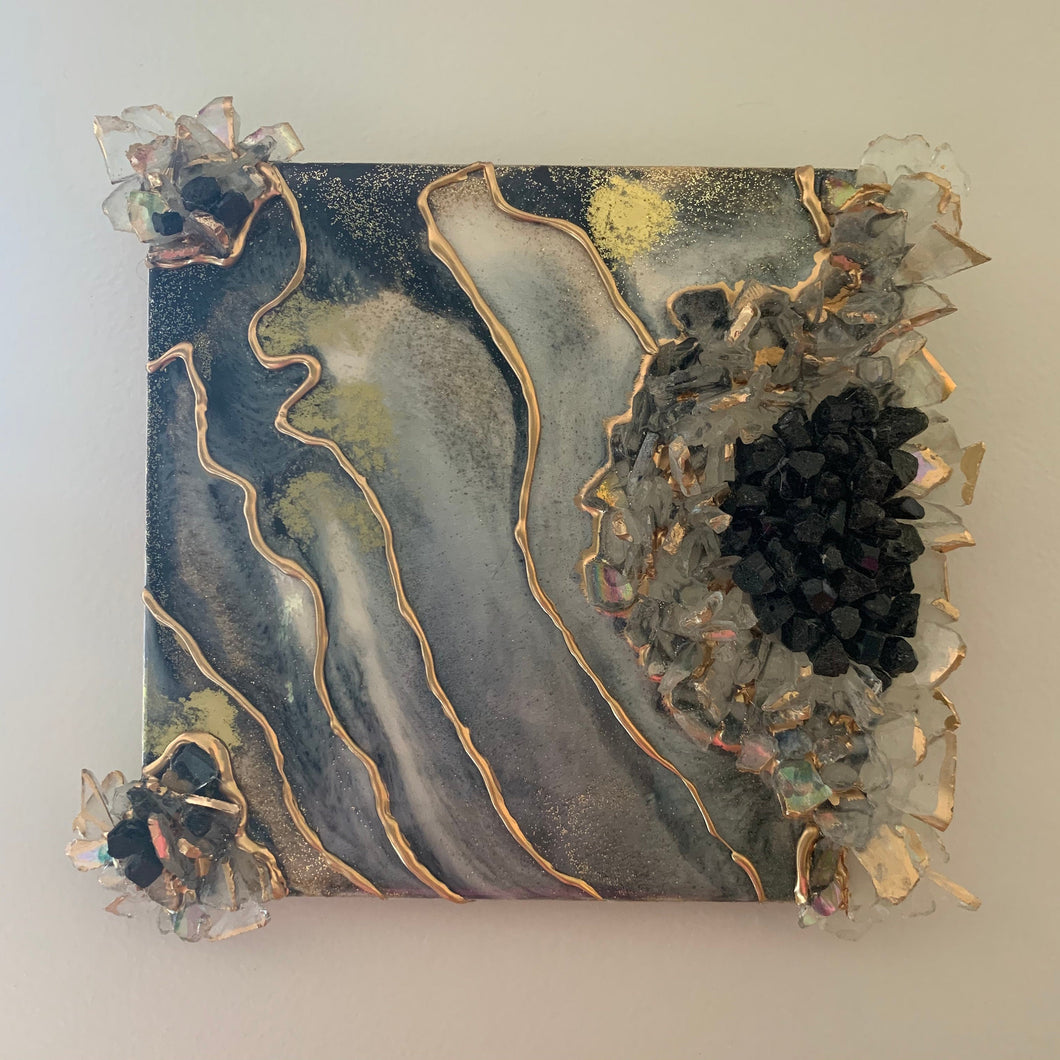 MIRROR WORK / Black Tourmaline / Geode Inspired Wall Art / One of a Kind / Resin Art