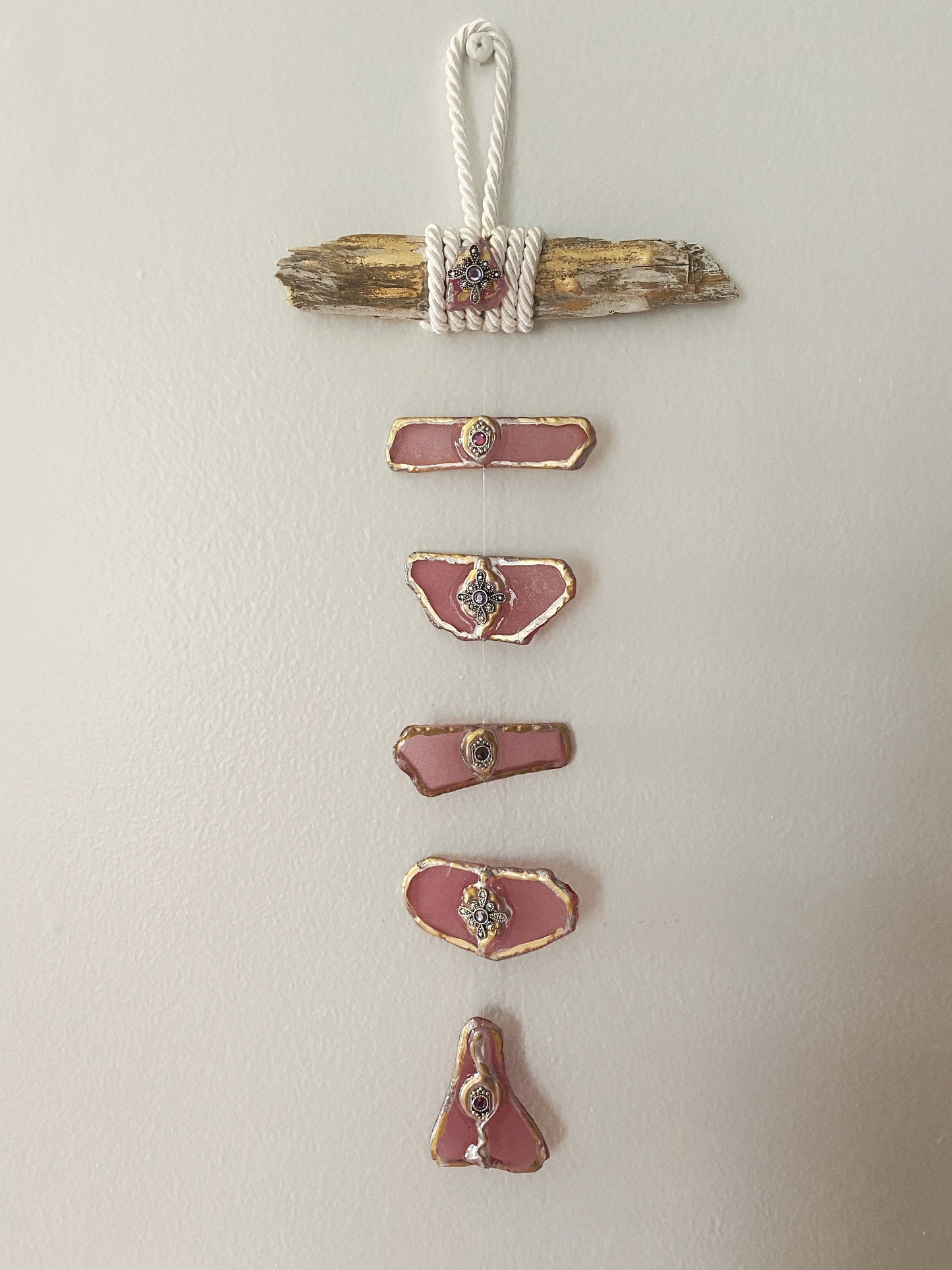 Pinky Pink Sea Glass Sun Catcher - housewarming, boho wall hanging, sea glass art, Sea glass and driftwood